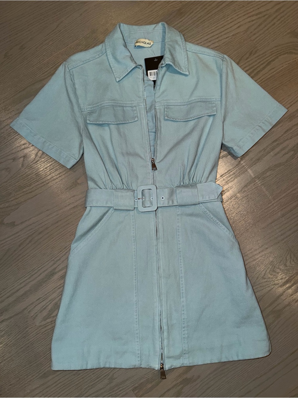 NICHOLAS Powder Blue Short Sleeve Zip Front Belted Mini Dress
